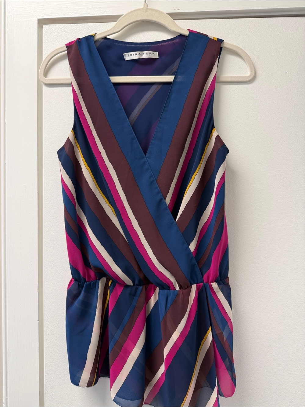 Trina Turk Stellar Striped Surplice V-Neck Top Chiffon Blouse Medium M